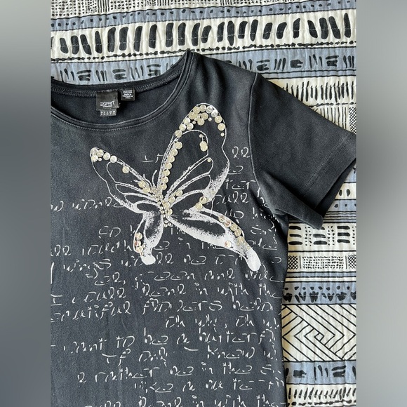 Y2K ESPRIT Womens Black & Silver Sequins Butterfly Fairy Core Goth T-Shirt Small - Picture 3 of 9